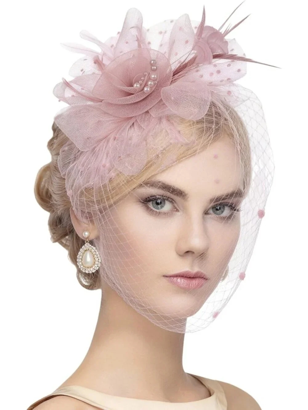 Elegant Feather Mesh Derby Fascinator Hat with Veil - 1920s Vintage Tea Party